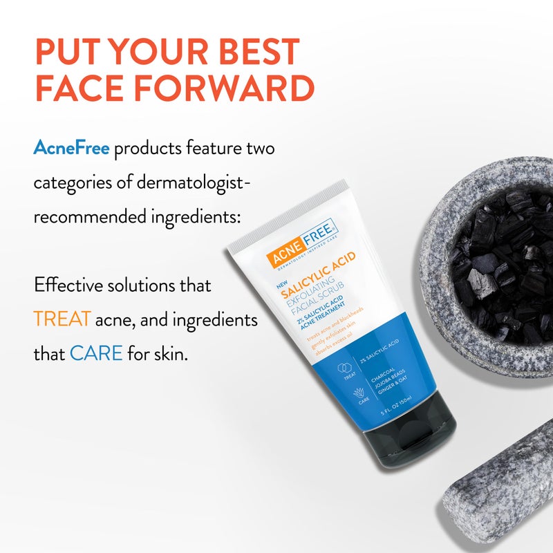 AcneFree مقشر وجه خالي من حب الشباب بحمض الساليسيليك، 2% BHA مزيل للرؤوس السوداء وعلاج لحب الشباب، تنظيف عميق بالفحم وخرز الجوجوبا، تقشير لطيف بالزنجبيل والشوفان، 5 أونصة - Image 3