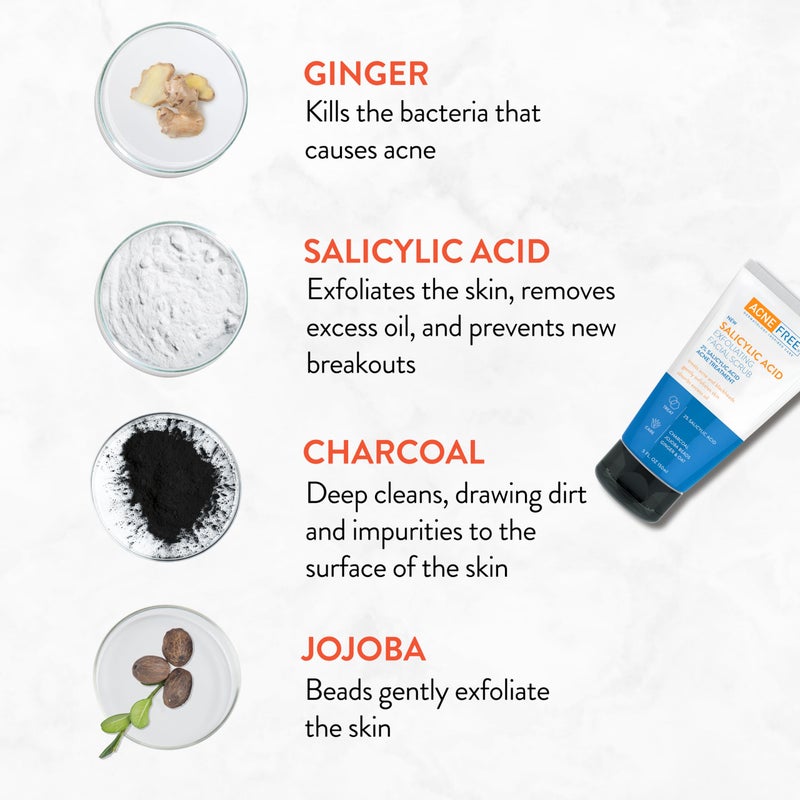 AcneFree مقشر وجه خالي من حب الشباب بحمض الساليسيليك، 2% BHA مزيل للرؤوس السوداء وعلاج لحب الشباب، تنظيف عميق بالفحم وخرز الجوجوبا، تقشير لطيف بالزنجبيل والشوفان، 5 أونصة - Image 5