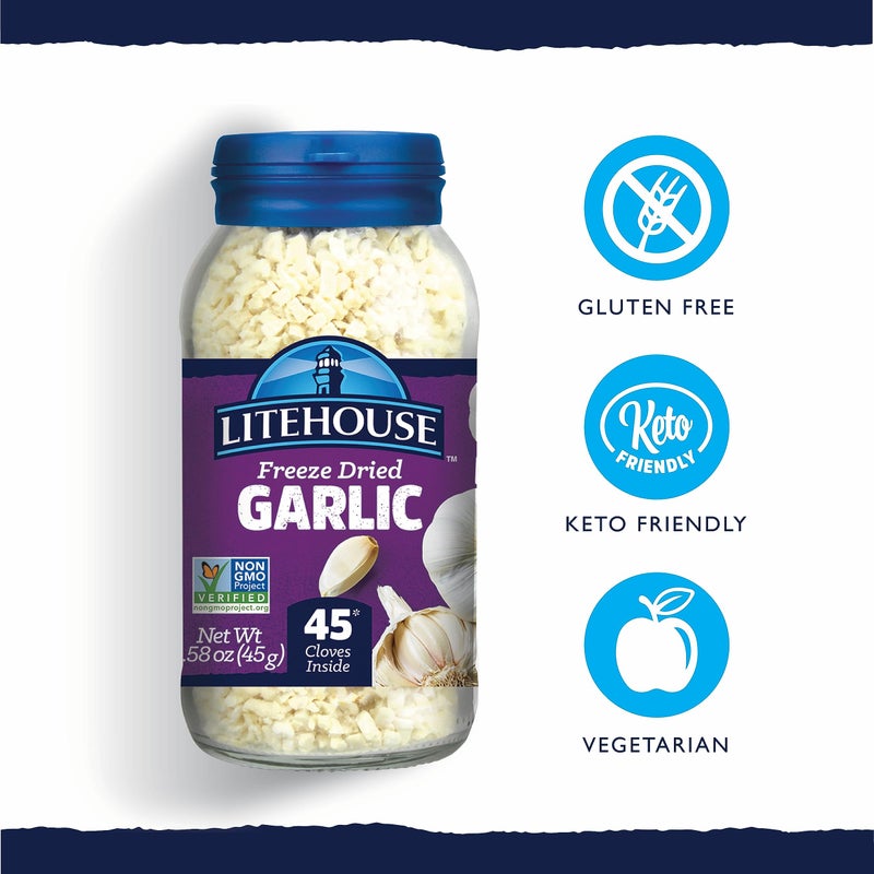 Litehouse ثوم لايت هاوس المجفف بالتجميد - ثوم، بديل للثوم الطازج والثوم المفروم، جرة تعادل 45 فص ثوم، رقائق ثوم، ثوم مجفف بالتجميد، غير معدّل وراثيًا، خالي من الغلوتين - 1.58 أونصة - Image 2