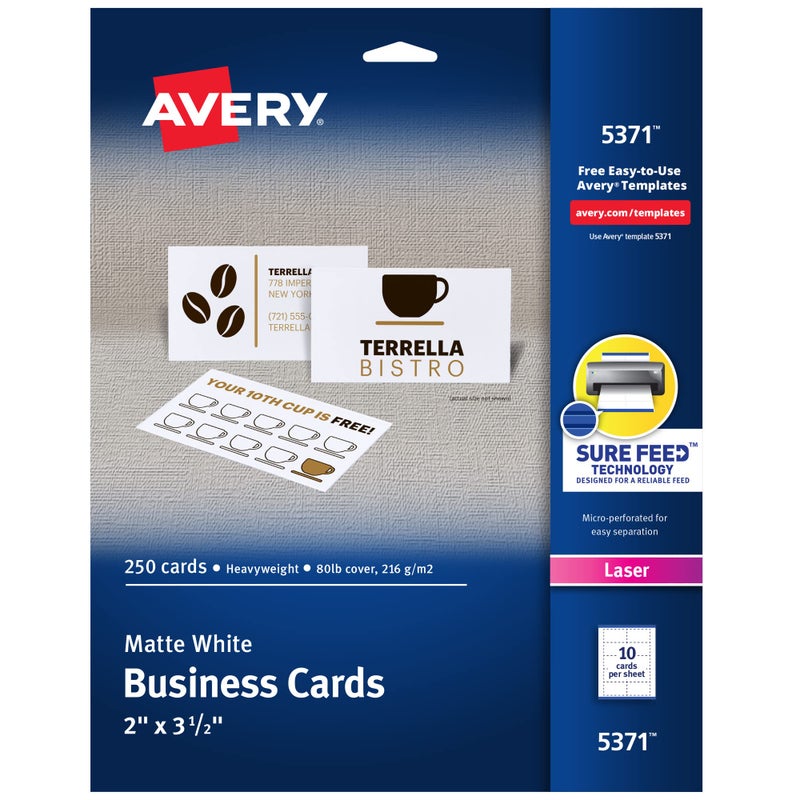 Avery Printable Business Cards with Sure Feed Technology, 2" x 3.5", White, 250 Blank Cards for Laser Printers (05371) - Image 1