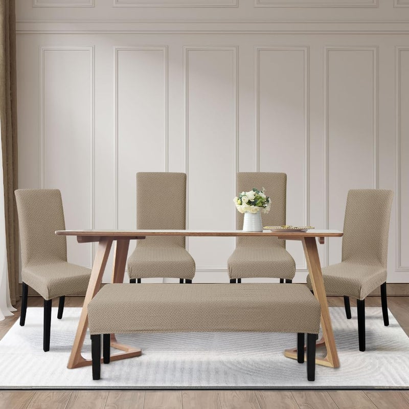 FORCHEER Dining Chair Covers and Bench Covers Set Waterproof Jacquard Camel 4 Dining Room Chair and Bench Slipcover Washable-Light Brown - Image 2