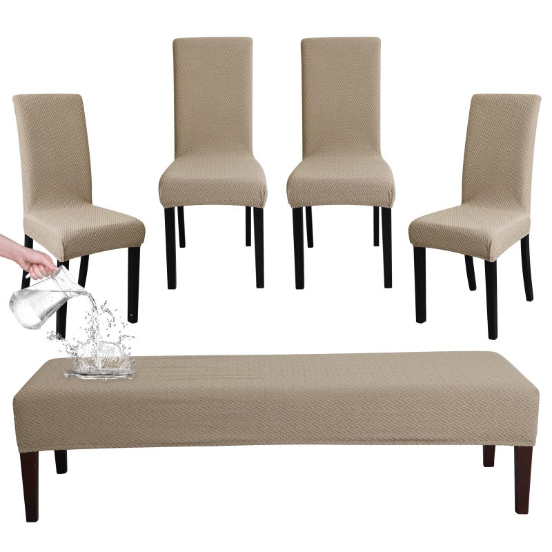 FORCHEER Dining Chair Covers and Bench Covers Set Waterproof Jacquard Camel 4 Dining Room Chair and Bench Slipcover Washable-Light Brown - Image 1