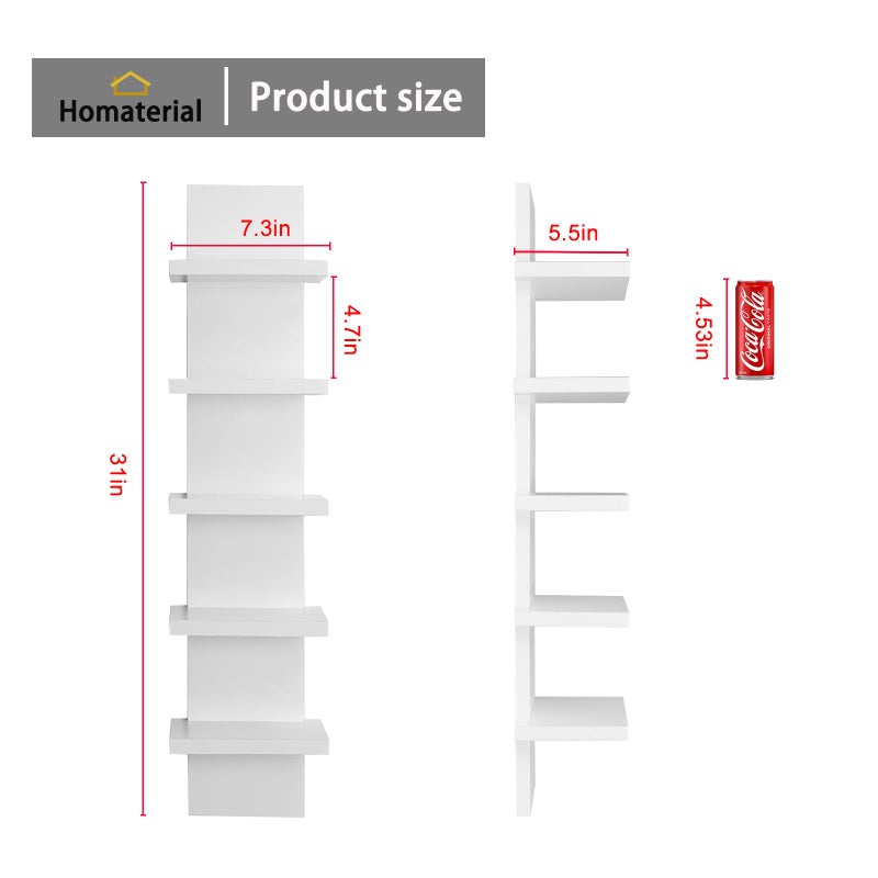 Homaterial 5 Tier Wall Shelf Unit, Small White Vertical Floating Shelf-Narrow Decorative Wall Mount Modern Wall Decor Shelves for Bedrooms, Living Rooms - Image 2