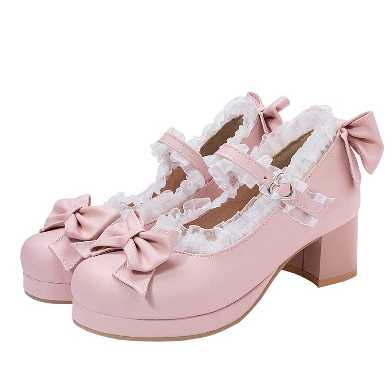 LUXMAX Women Kawaii Mid Block Heel Mary Jane Rockabilly Pumps with Bow Platform Chunky Heel Cute Sweet Shoes Size 45 M USPink