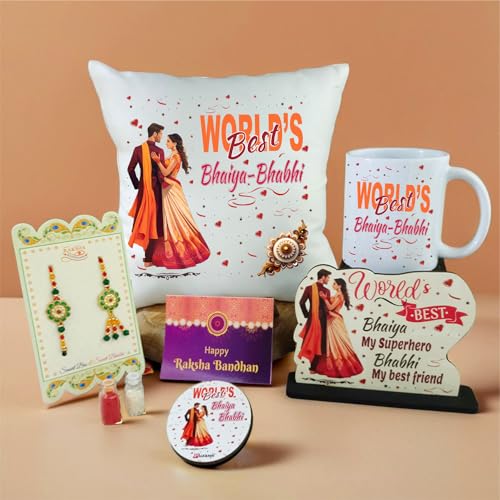 PICRAZEE Raksha Bandhan Gift Combo for Bhaiya-Bhabhi – 2 pcs Rakhi Set, Cushion with Filler, Mug, Roli-Chawal Bottles Tilak Set, Standy, Fridge Magnet & Greeting Card - Image 1