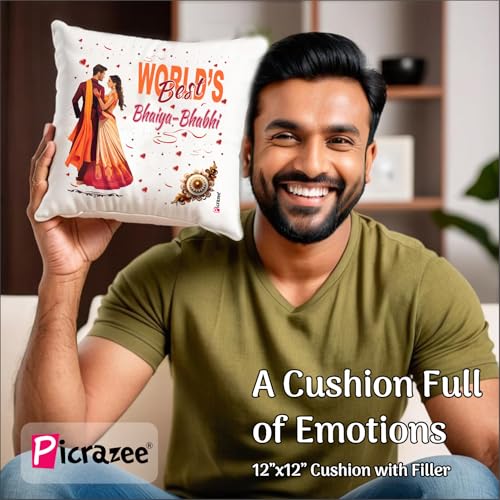 PICRAZEE Raksha Bandhan Gift Combo for Bhaiya-Bhabhi – 2 pcs Rakhi Set, Cushion with Filler, Mug, Roli-Chawal Bottles Tilak Set, Standy, Fridge Magnet & Greeting Card - Image 3