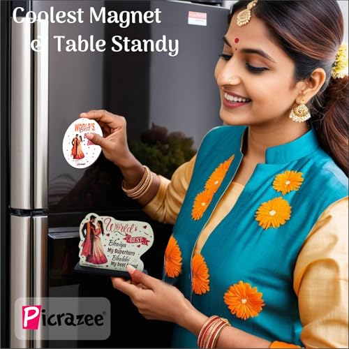 PICRAZEE Raksha Bandhan Gift Combo for Bhaiya-Bhabhi – 2 pcs Rakhi Set, Cushion with Filler, Mug, Roli-Chawal Bottles Tilak Set, Standy, Fridge Magnet & Greeting Card - Image 5
