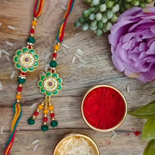 PICRAZEE Raksha Bandhan Gift Combo for Bhaiya-Bhabhi – 2 pcs Rakhi Set, Cushion with Filler, Mug, Roli-Chawal Bottles Tilak Set, Standy, Fridge Magnet & Greeting Card - Image 2