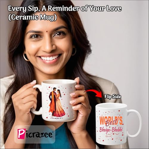 PICRAZEE Raksha Bandhan Gift Combo for Bhaiya-Bhabhi – 2 pcs Rakhi Set, Cushion with Filler, Mug, Roli-Chawal Bottles Tilak Set, Standy, Fridge Magnet & Greeting Card - Image 4