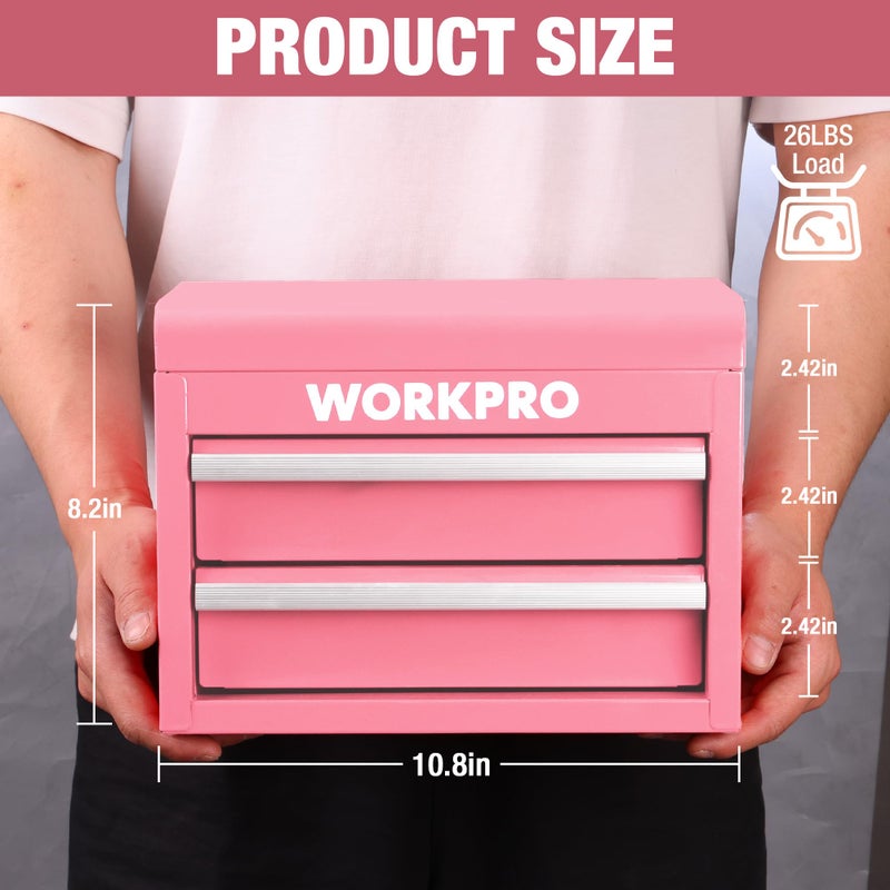 WORKPRO Metal Mini Tool Box, Top Tool Chest containing Two Drawers with Ball Bearing Slides, PVC Drawer Liners and PP Feet Pads, Cold Rolled Steel Small Toolbox for Multi-Purpose Storage - Pink Ribbon - Image 2