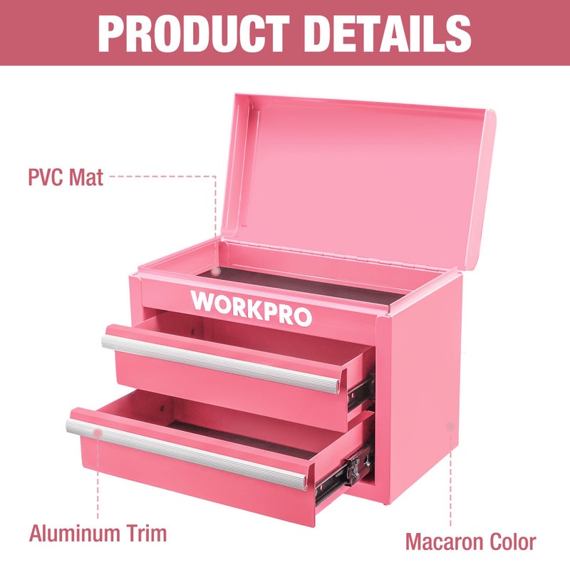 WORKPRO Metal Mini Tool Box, Top Tool Chest containing Two Drawers with Ball Bearing Slides, PVC Drawer Liners and PP Feet Pads, Cold Rolled Steel Small Toolbox for Multi-Purpose Storage - Pink Ribbon - Image 3