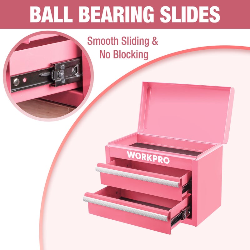 WORKPRO Metal Mini Tool Box, Top Tool Chest containing Two Drawers with Ball Bearing Slides, PVC Drawer Liners and PP Feet Pads, Cold Rolled Steel Small Toolbox for Multi-Purpose Storage - Pink Ribbon - Image 4