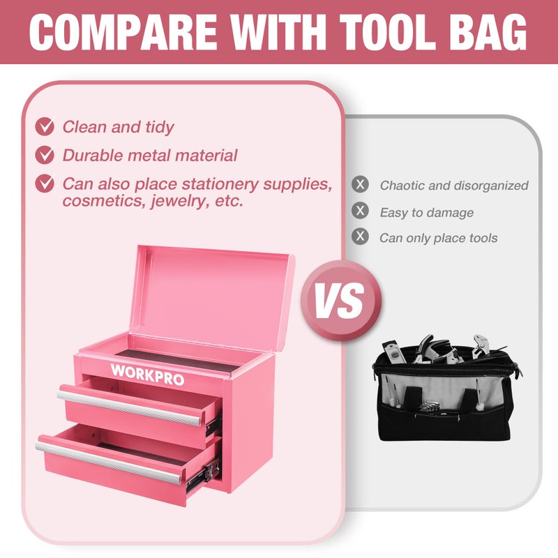 WORKPRO Metal Mini Tool Box, Top Tool Chest containing Two Drawers with Ball Bearing Slides, PVC Drawer Liners and PP Feet Pads, Cold Rolled Steel Small Toolbox for Multi-Purpose Storage - Pink Ribbon - Image 5