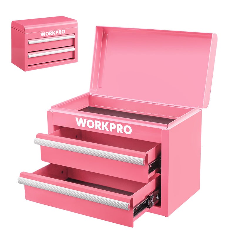 WORKPRO Metal Mini Tool Box, Top Tool Chest containing Two Drawers with Ball Bearing Slides, PVC Drawer Liners and PP Feet Pads, Cold Rolled Steel Small Toolbox for Multi-Purpose Storage - Pink Ribbon - Image 1