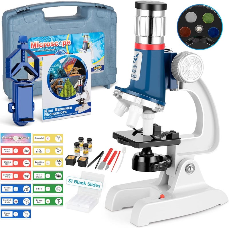 Uarzt 58-Piece Kids Microscope Kit - 100X-1200X Magnification, Metal Body, LED Light, Carrying Box - Science Experiment Toy for Kids Ages 5-12 - Image 1