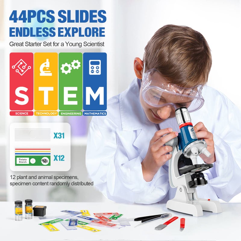 Uarzt 58-Piece Kids Microscope Kit - 100X-1200X Magnification, Metal Body, LED Light, Carrying Box - Science Experiment Toy for Kids Ages 5-12 - Image 2