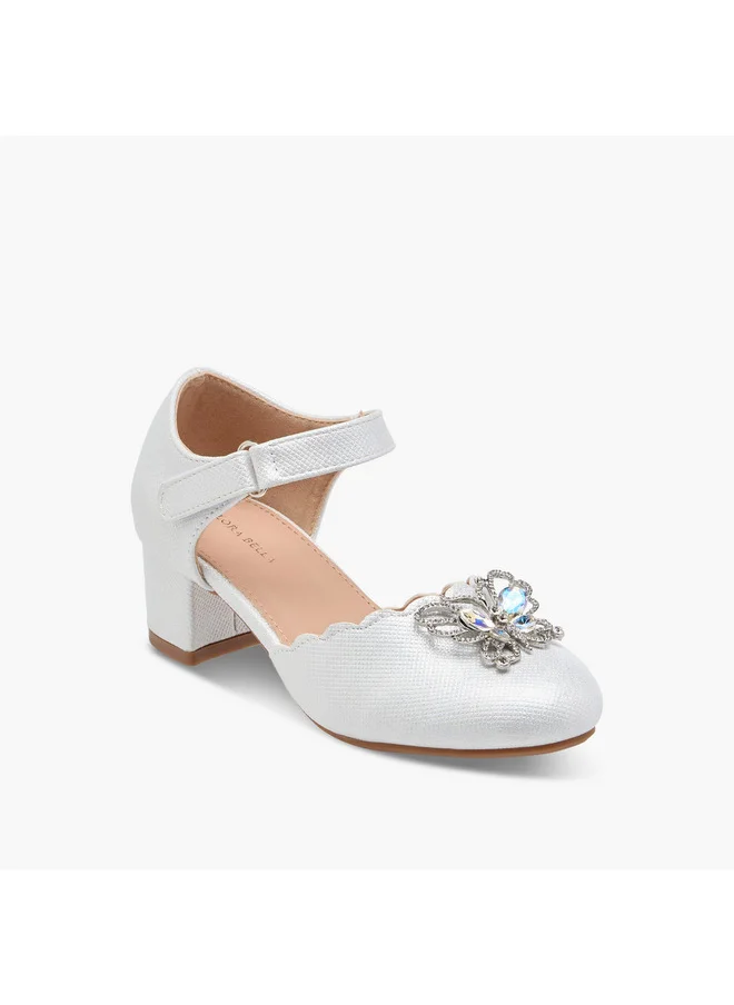 Flora Bella By Shoexpress Girls Embellished Block Heel Shoes with Hook and Loop Closure