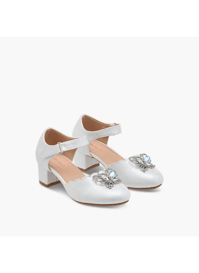 Flora Bella By Shoexpress Girls Embellished Block Heel Shoes with Hook and Loop Closure