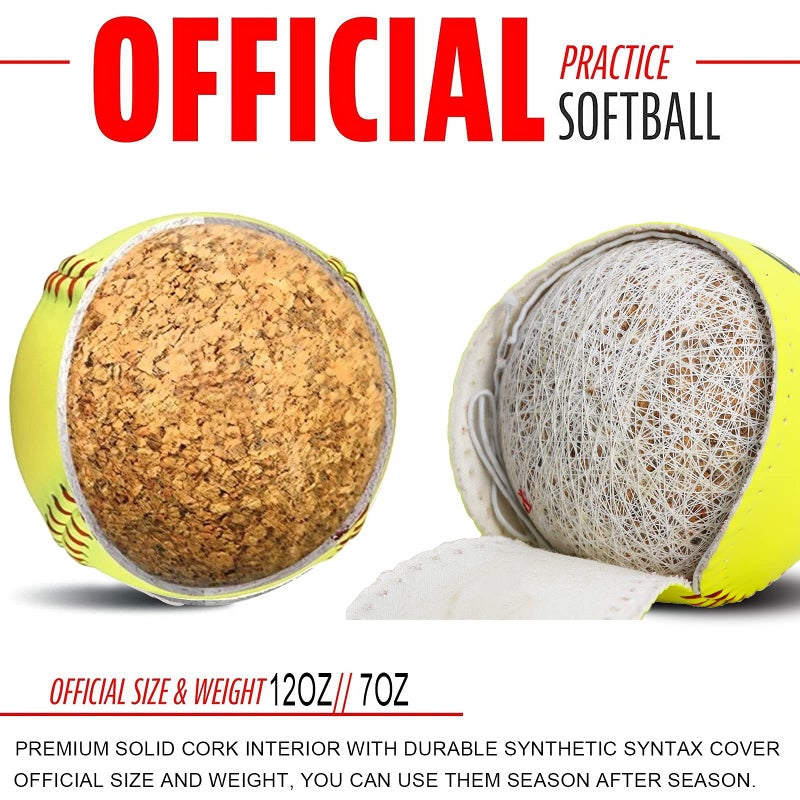 Tebery 6 Pack Yellow Sports Practice Softballs, 12-Inch Official Size and Weight Slowpitch, Unmarked & Leather Covered Training Ball for Games, Practice and Training (Yellow) - Image 3