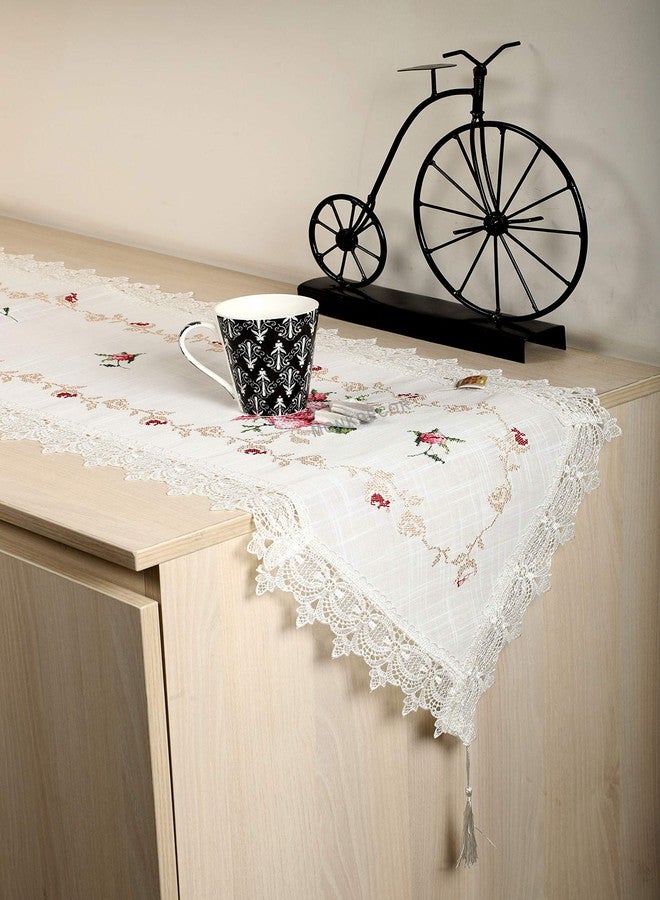 MONKDECOR (O.F) Cross Stitch Embroidery Design Table Runner for Dining Table (Size-15x70 Inches)- White-Pink - Image 1