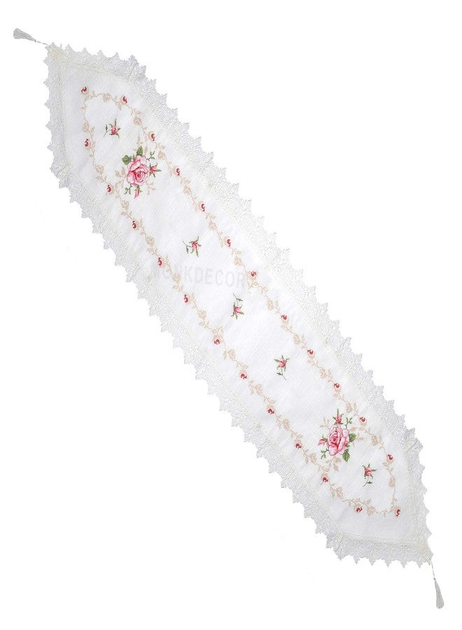 MONKDECOR (O.F) Cross Stitch Embroidery Design Table Runner for Dining Table (Size-15x70 Inches)- White-Pink - Image 2