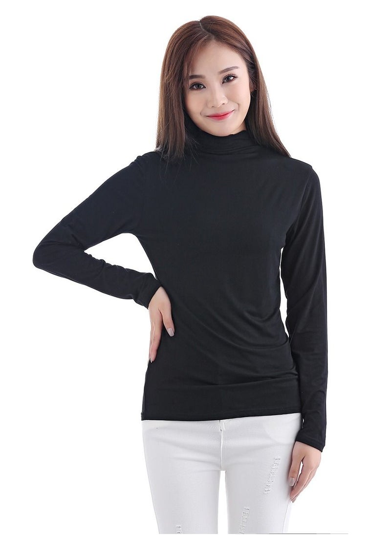 Loquat Lady's Solid Color Long Sleeve Turtle Neck Udershirt Base Layer Shirt Black 