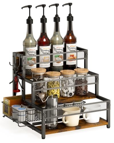 LOTEYIKE 3 Tier Coffee Syrup Rack Organizer, 12 Water Bottles Holder Stand Liquor Cabinet Storage, Wine Rack Countertop Storage Rack Coffee Bar Cabinet for Kitchen - Image 1