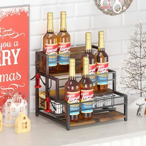 LOTEYIKE 3 Tier Coffee Syrup Rack Organizer, 12 Water Bottles Holder Stand Liquor Cabinet Storage, Wine Rack Countertop Storage Rack Coffee Bar Cabinet for Kitchen - Image 2