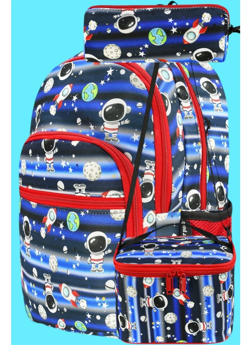 Tezzgelsin Astronaut Patterned Waterproof Orthopedic 3 Compartment School Bag with Food and Pencil Case Set of 3