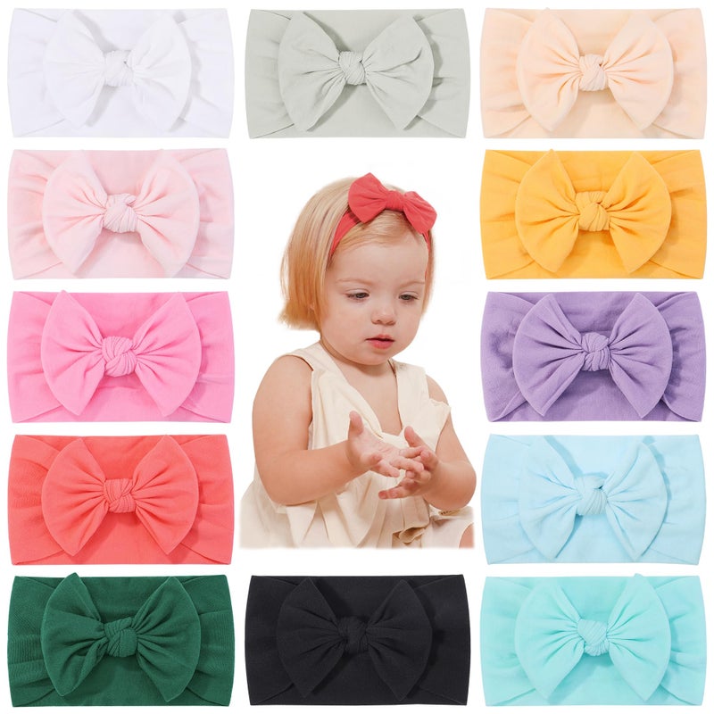 jollybows 12pcs Baby Nylon Headbands With Bow Elastic Hairband For Girls Newborn Infant Toddlers Kids Hair Accessories- Soft Light Color Set - Image 1