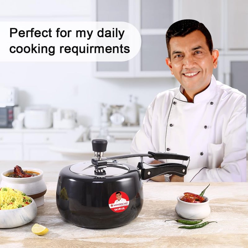 Wonderchef طباخ ضغط وندر شيف تورياس بغطاء داخلي من الألمنيوم المؤكسد الصلب سعة 3 لترات مع مقHandles باردة لزيادة المتانة مناسب للاستخدام مع الحث المغناطيسي باللون الأسود ضمان 5 سنوات معتمد من ISI - Image 2