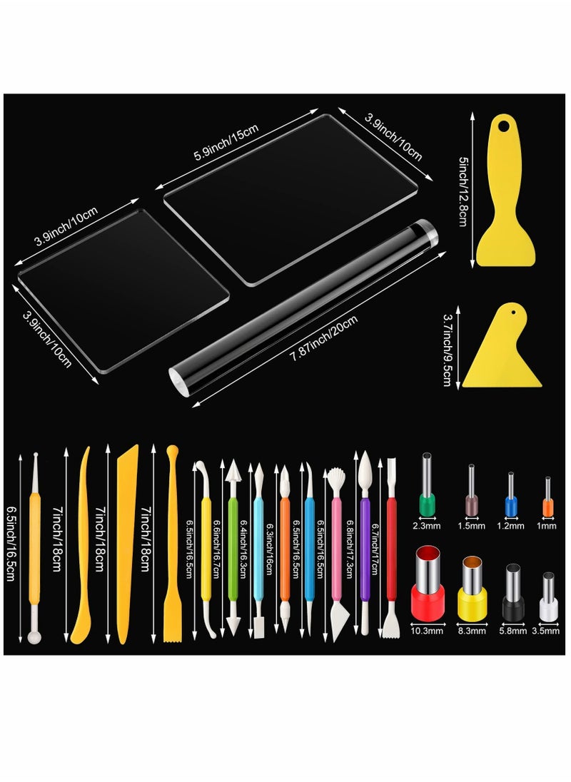 Clay DIY Tool Set, Acrylic Clay Roller Sheet Plastic Scraper Backing Board Stainless Steel Round Circle Shape Cutter Plastic Polymer Clay Shaping Tool for DIY Craft Making 57 Pieces
