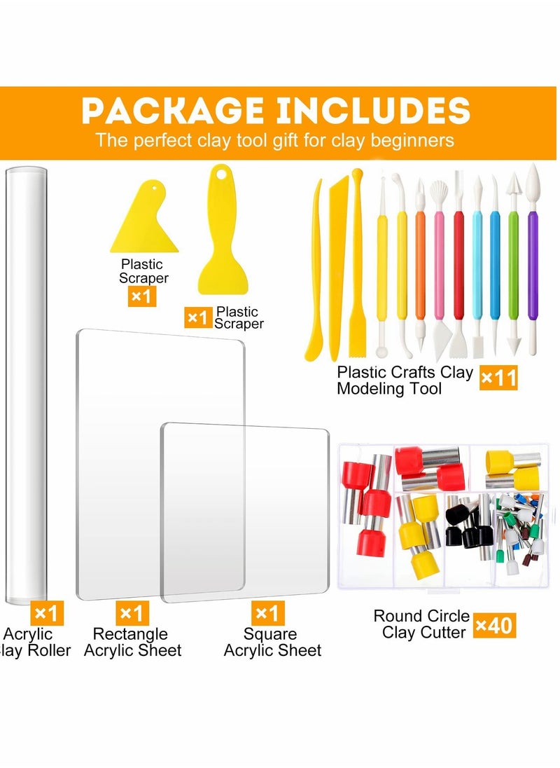 Clay DIY Tool Set, Acrylic Clay Roller Sheet Plastic Scraper Backing Board Stainless Steel Round Circle Shape Cutter Plastic Polymer Clay Shaping Tool for DIY Craft Making 57 Pieces