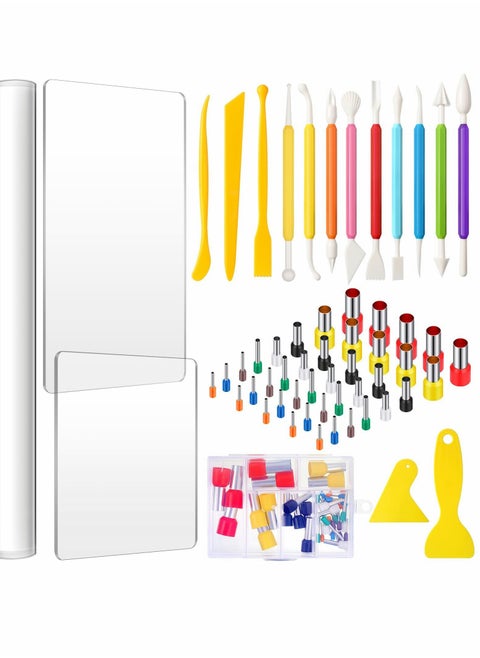 Clay DIY Tool Set, Acrylic Clay Roller Sheet Plastic Scraper Backing Board Stainless Steel Round Circle Shape Cutter Plastic Polymer Clay Shaping Tool for DIY Craft Making 57 Pieces