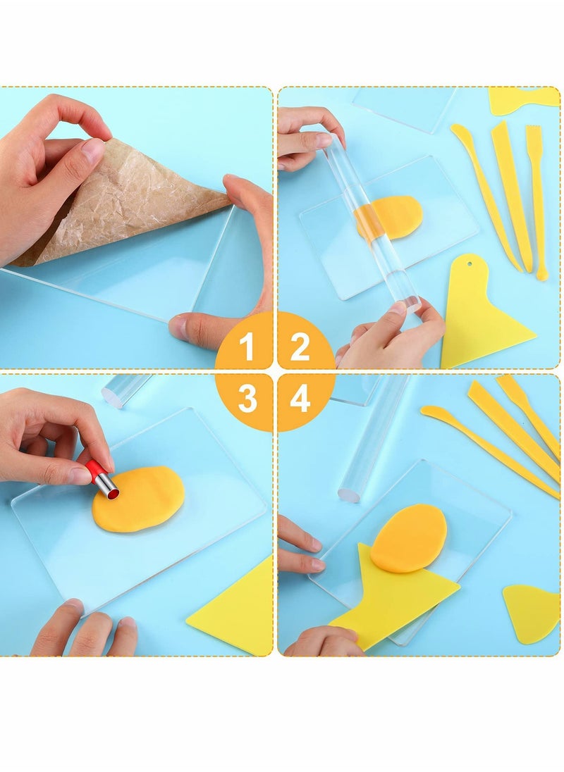 Clay DIY Tool Set, Acrylic Clay Roller Sheet Plastic Scraper Backing Board Stainless Steel Round Circle Shape Cutter Plastic Polymer Clay Shaping Tool for DIY Craft Making 57 Pieces