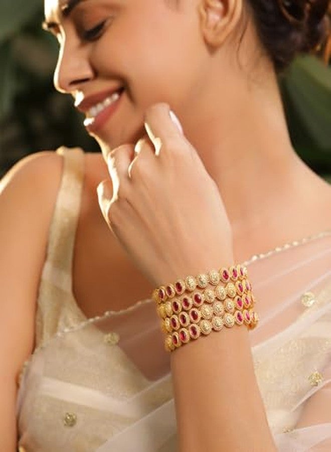 Rubans Set of 4, 22K Gold-Plated Ruby Pink Stone & Filigree Design Traditional Bangles - Image 3