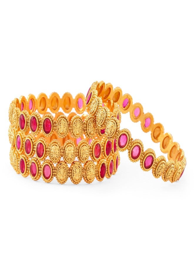 Rubans Set of 4, 22K Gold-Plated Ruby Pink Stone & Filigree Design Traditional Bangles - Image 1