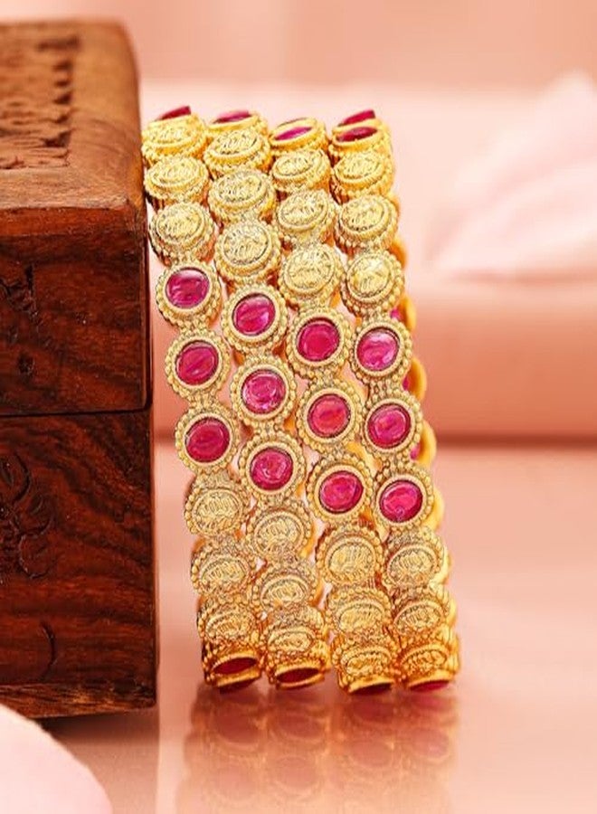 Rubans Set of 4, 22K Gold-Plated Ruby Pink Stone & Filigree Design Traditional Bangles - Image 5