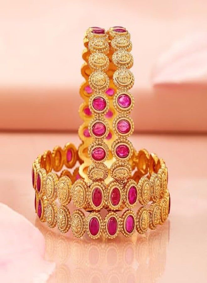 Rubans Set of 4, 22K Gold-Plated Ruby Pink Stone & Filigree Design Traditional Bangles - Image 4