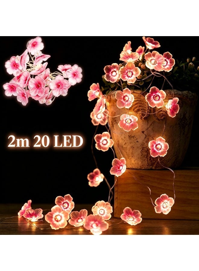 إتش بي إم واي أضواء سلسلة زهور الكرز LED من HPMY، 2 متر، 20 مصباح LED على شكل أزهار مع صندوق بطارية، أضواء زينة على شكل كرمة ساكورا لغرفة النوم والحفلات وحفلات الزفاف والحديقة - أرجواني - Image 1