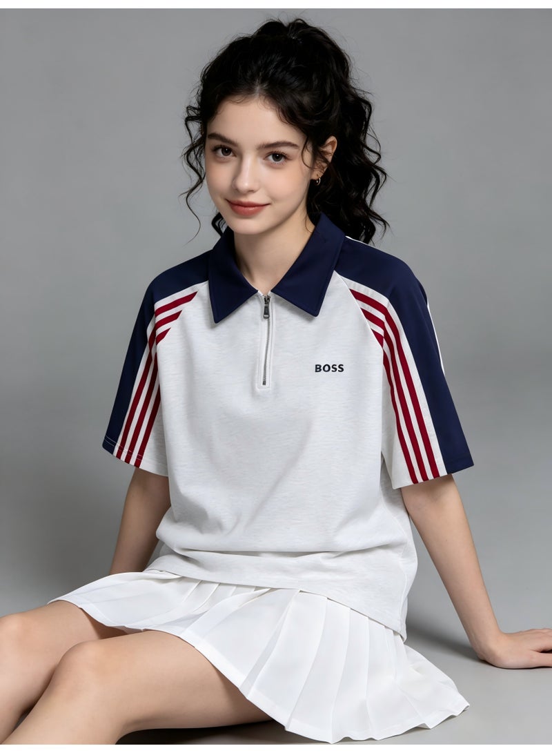 BOSS Women's Half-Zip Polo Shirt, Short Sleeve Casual Sports Top with Striped Sleeves, Breathable Cotton Blend for Daily & Outdoor Wear - White/Navy/Red - Image 1