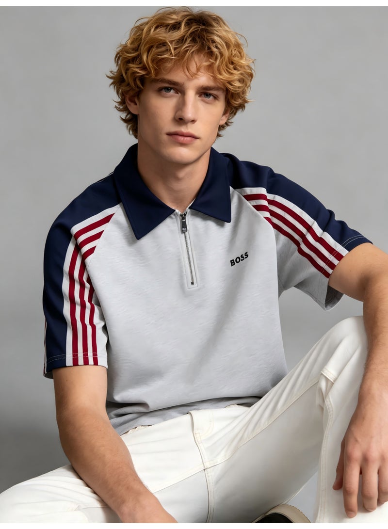 BOSS Women's Half-Zip Polo Shirt, Short Sleeve Casual Sports Top with Striped Sleeves, Breathable Cotton Blend for Daily & Outdoor Wear - White/Navy/Red - Image 2