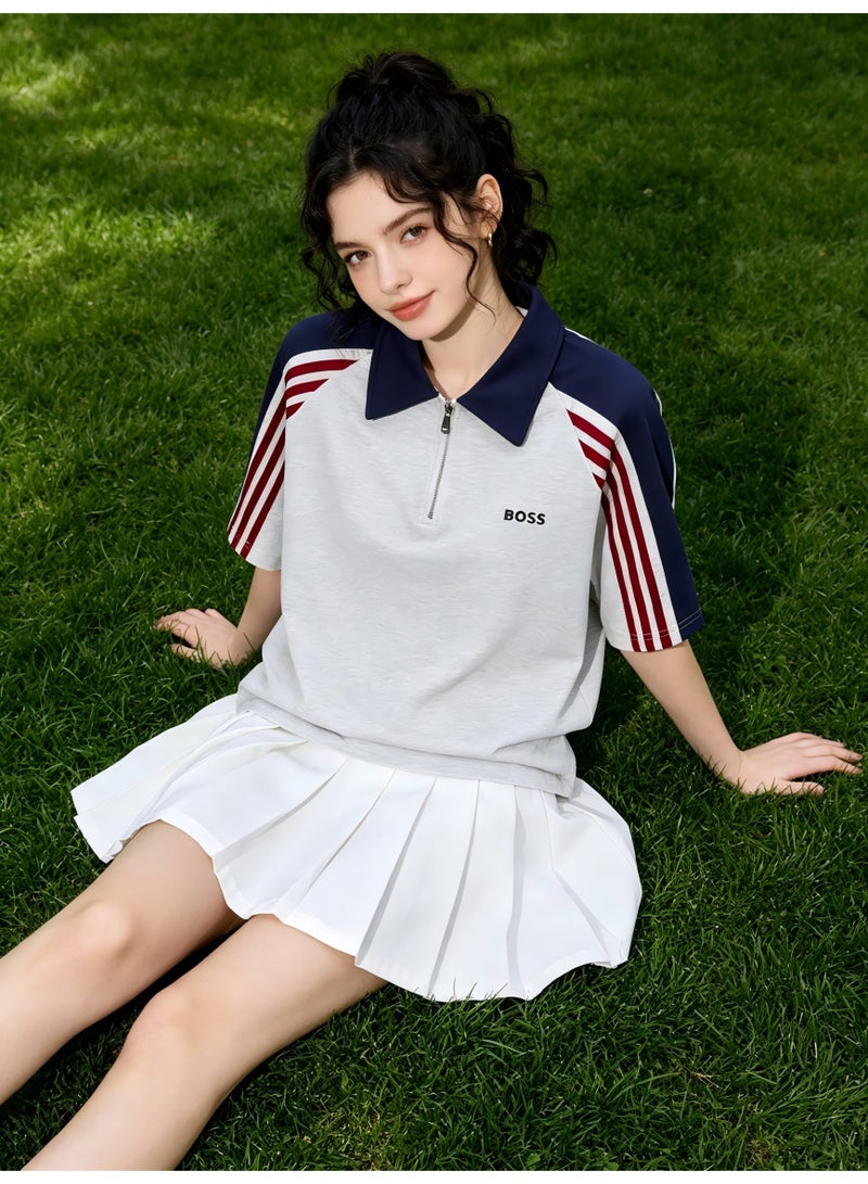 BOSS Women's Half-Zip Polo Shirt, Short Sleeve Casual Sports Top with Striped Sleeves, Breathable Cotton Blend for Daily & Outdoor Wear - White/Navy/Red - Image 3