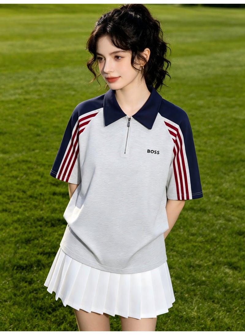 BOSS Women's Half-Zip Polo Shirt, Short Sleeve Casual Sports Top with Striped Sleeves, Breathable Cotton Blend for Daily & Outdoor Wear - White/Navy/Red - Image 4