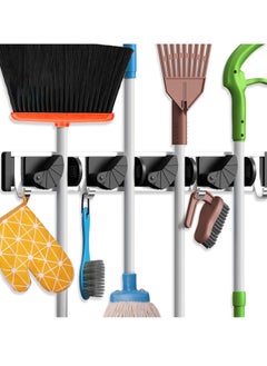 Bukela Mop Broom Holder, Wall Mount Aluminum Alloy Pantry Organization Storage Garden Kitchen Tool Organizer for Home, Kitchen, Garden, Garage, Organization and Storage (4 Positions with 5 Hooks, Black)  - Image 1