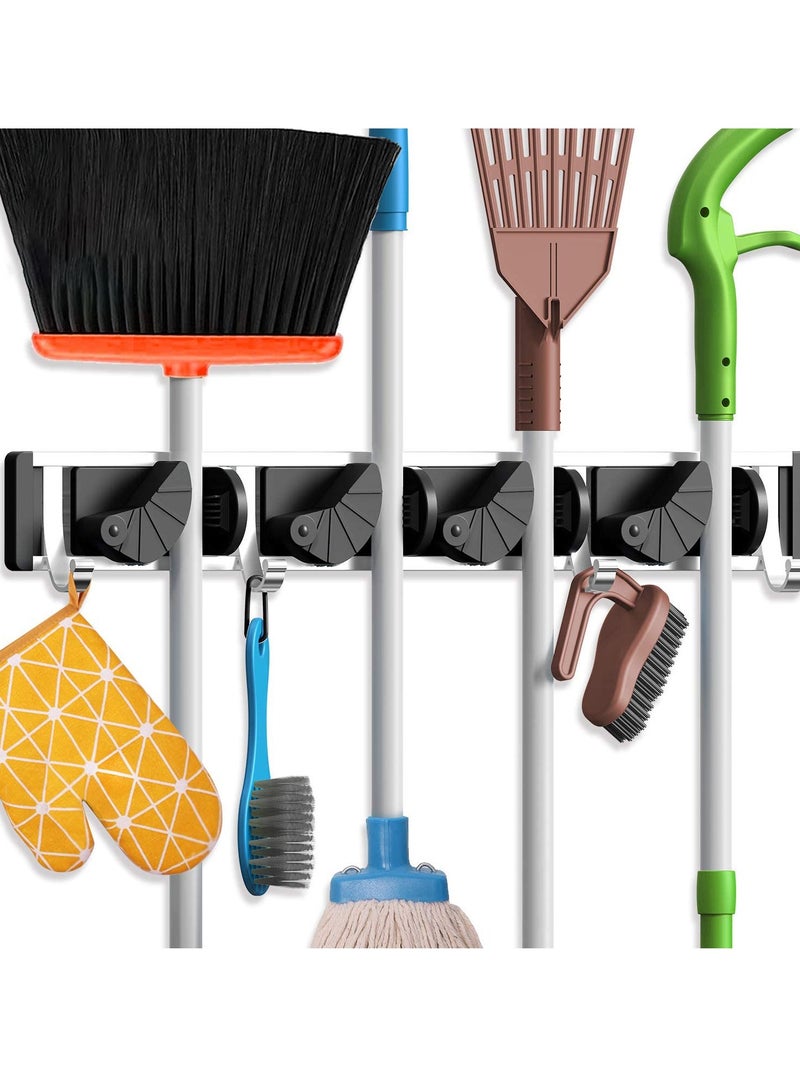 Bukela Mop Broom Holder, Wall Mount Aluminum Alloy Pantry Organization Storage Garden Kitchen Tool Organizer for Home, Kitchen, Garden, Garage, Organization and Storage (4 Positions with 5 Hooks, Black) - Image 1