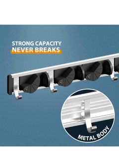 Bukela Mop Broom Holder, Wall Mount Aluminum Alloy Pantry Organization Storage Garden Kitchen Tool Organizer for Home, Kitchen, Garden, Garage, Organization and Storage (4 Positions with 5 Hooks, Black)  - Image 3
