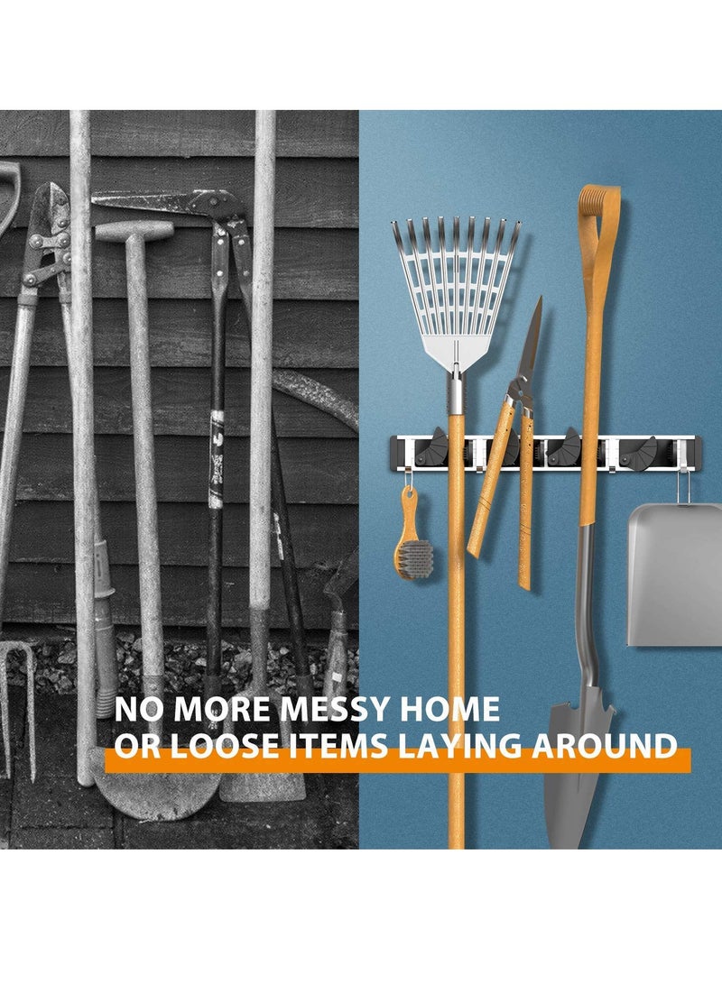 Bukela Mop Broom Holder, Wall Mount Aluminum Alloy Pantry Organization Storage Garden Kitchen Tool Organizer for Home, Kitchen, Garden, Garage, Organization and Storage (4 Positions with 5 Hooks, Black) - Image 5