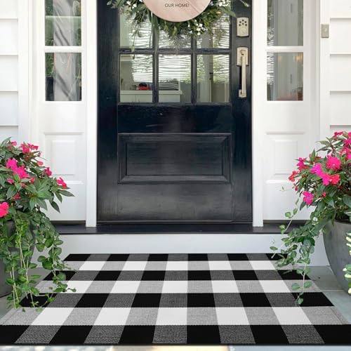 IOHOUZE Cotton Buffalo Plaid Check Rug Outdoor Doormat 27.5 x 43 Inches Washable Woven Outdoor Indoor Welcome Mats for Front Door/Farmhouse/Entryway/Home Entrance black and White Outdoor Rug - Image 1