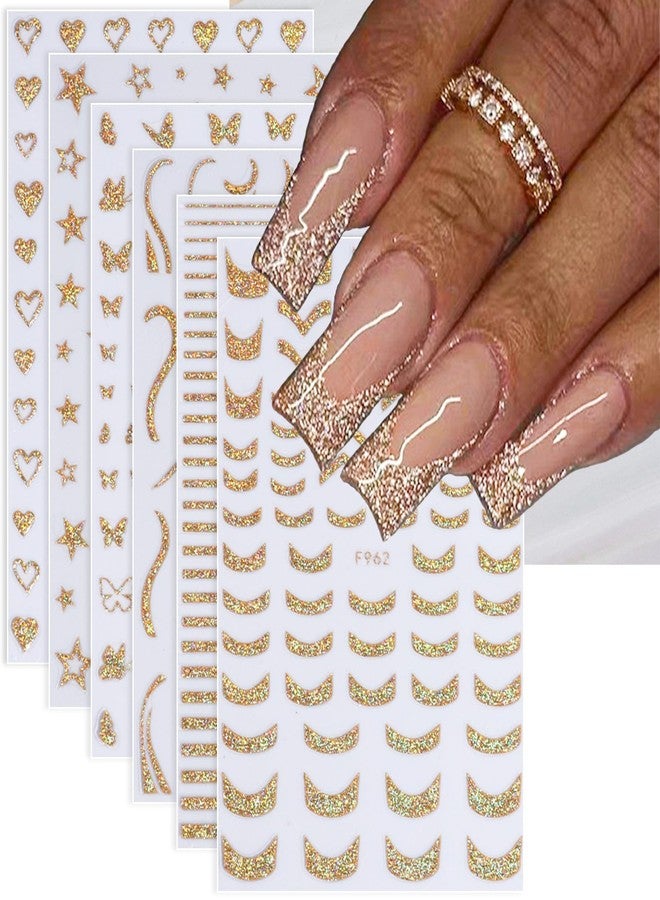 TOGZOM Gold Nail Art Stickers 3D Self-Adhesive Nail Decals French Glitter Line Nail Stickers Stripe Butterfly Star Heart Designs Nail Supplies for Women DIY Acrylic Nail Decoration Accessories 8 Sheet - Image 1